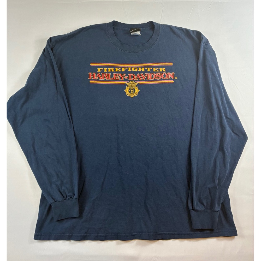 Harley-Davidson Firefighter Shirt Mens XXL Navy Blue Long Sleeve Distressed Tee